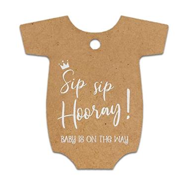 Imagem de Summer-Ray 50 peças macacão de bebê lembrancinha de chá de bebê etiquetas de agradecimento Sip Sip Hooray Baby is on the Way (Kraft Brown)