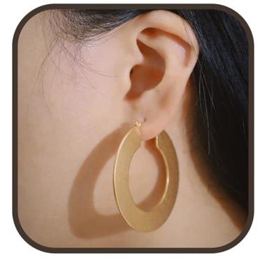 Imagem de Brincos de argola fosca com revestimento PVD dourado, argolas foscas, argolas planas, brincos de aço inoxidável banhados a ouro 18 K, brincos de argola, 35mm, Aço inoxidável, Sem pedra preciosa