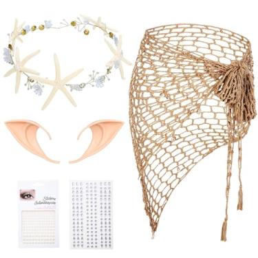 Imagem de Blosssound 5 peças acessórios de fantasia de sereia, conjunto de festa de Halloween, cosplay, sereia, crochê, capelet, concha, pérola, estrela-do-mar, cabelo de videira, orelhas de elfo, rosto