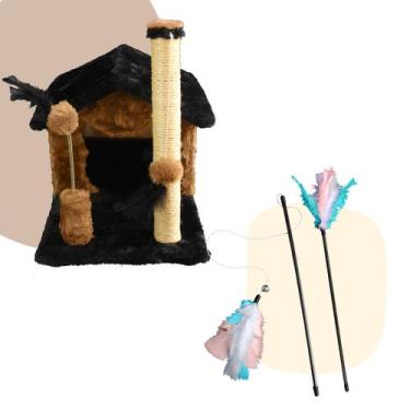 Imagem de Kit Arranhador Sisal Casa sem Rede para Gato e Brinquedo 2 Varinhas co