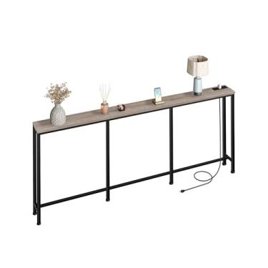Imagem de CHOEZON Mesa de console estreita de 199 cm com tomada elétrica de 18 cm, mesa de sofá longa atrás com estação de carregamento, mesa de entrada para corredor, sala de estar cinza e preto TXG20UBG