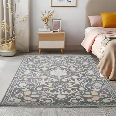 Imagem de Tapete de cabeceira floral vintage Boho - Tapete antiderrapante lavável à máquina para quarto, entrada, cozinha, dormitório, sala de jogos e escritório - Tapete de lã sintética macia marrom escuro