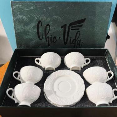 Imagem de Conjunto De Xicaras Com Pires De Cafe Porcelana Xicara Branca Kit 12 P