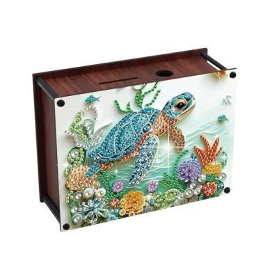 Imagem de MVVMTOP Kit de pintura de diamante cofrinho, caixa de armazenamento de dinheiro de madeira de tartaruga DIY arte de diamante mosaico parcial de forma especial, ornamentos para casa para entusiastas de