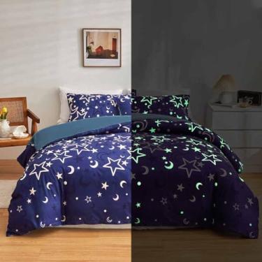 Imagem de Feelyou Capa de edredom Galaxy que brilha no escuro para meninas, crianças, rainha, universo roxo, noite estrelada, conjunto de cama super macio, espaço sideral, estrelas, lua, conjunto de capa de edredom para quarto de meninas