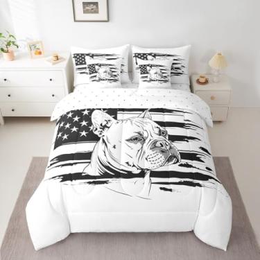 Imagem de Feelyou Conjunto de cama infantil Pitbull com bandeira americana, para meninos e meninas, conjunto de edredom com estampa de animal de estimação, 7 peças, tamanho king, preto e branco, listra