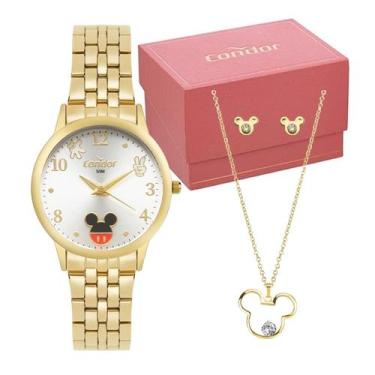 Imagem de Kit Relógio Feminino Condor Disney Dourado + Brinco E Cordão Co2035Nhe