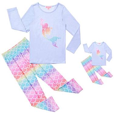 Imagem de QPANCY Pijama infantil combinando para meninas e bonecas, manga comprida, outono e inverno, Princesa sereia, 6-7 Anos