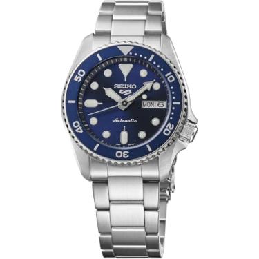 Imagem de SEIKO 5 Relógio esportivo masculino automático com caixa de aço inoxidável e ponteiros luminosos – Relógios de pulso elegantes, Prateado, azul-marinho