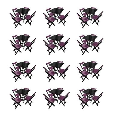 Imagem de Kit 12 Mesas de Madeira Dobrável Preto 70x70 com 4 Cadeiras Dobráveis Roxo