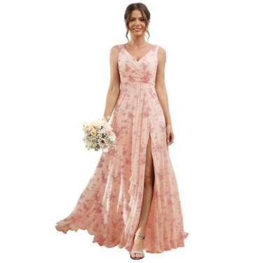 Imagem de Vestido de dama de honra RSOETOO Modesto plissado floral em chiffon co