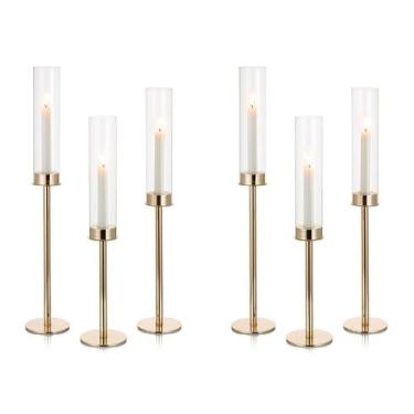 Imagem de Conjunto de castiçais NUPTIO Hurricane Glass 6, metal dourado, 60 cm