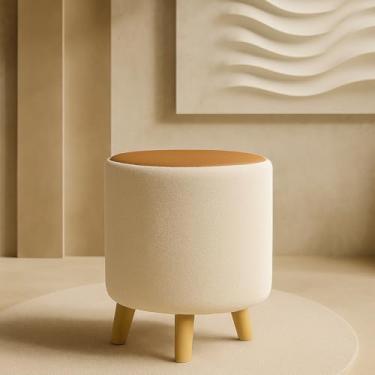 Imagem de Puff Banquetas Redondo Banco Pufe Assento Macio em Courino Tecido Boucle Decorativo para Sala Escritório Apartamento Manu com Pés em Madeira - Areia/Caramelo
