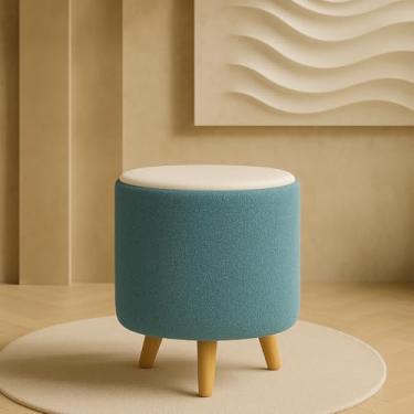 Imagem de Puff Banquetas Redondo Banco Pufe Assento Macio em Courino Tecido Boucle Decorativo para Sala Escritório Apartamento Quarto Infantil Manu com Pés em Madeira - Azul/Offwhite