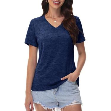 Imagem de Camiseta feminina MAGCOMSEN com decote em V Quick Dry Running Blue L