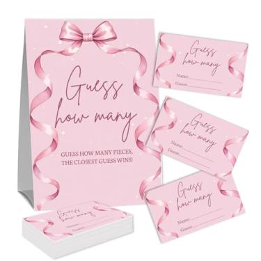 Imagem de Placa Guess How Many Candies (1 placa de pé e 50 cartões de adivinhação) Kit de cartas de jogo de atividades com tema de arco rosa para chás de bebê, festas de recém-nascidos, chá de casamento de