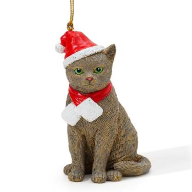 Imagem de Ornamento de Natal de gato para decoração de árvore de Natal, enfeite de árvore de Natal de resina, presentes colecionáveis para amantes de gatos, ornamento decorativo pendurado para decorações de