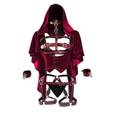 Imagem de Conjunto de lingerie feminina MEOWCOS com capuz vazado no peito aberto e conjunto de calcinha com capa de veludo vermelho