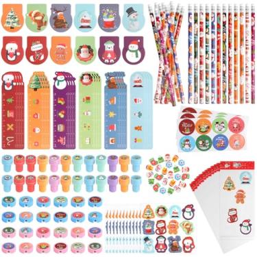 Imagem de CCINEE Conjunto de 216 peças de artigos de papelaria de Natal para crianças, 24 conjuntos de lembrancinhas de festa de Natal a granel com lápis, borrachas, sacos de petiscos, adesivos para sacolas de