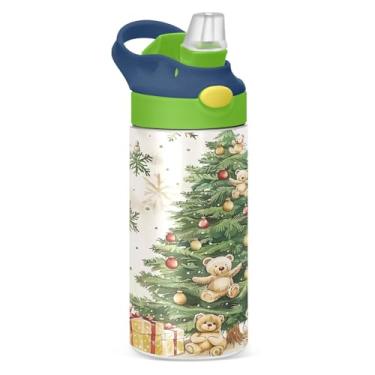 Imagem de YETTASBIN Garrafa de água de árvore de Natal para crianças, 340 g, à prova de vazamento, parede dupla, isolada, copo de viagem com tampa de canudo para meninas, meninos e crianças