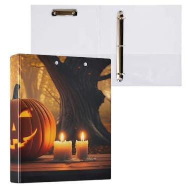 Imagem de CEBUGI Fichário redondo com 3 anéis Jack-o-Lantern Abóbora com 3 anéis brilhantes comporta 200 folhas, pastas com 3 bolsos de PVC transparente para escritório, 31,5 x 27 x 6 cm, 1 pacote