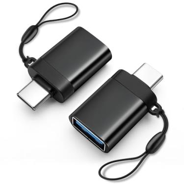 Imagem de HAUXGOGO Adaptador USB-C para USB-A (pacote com 2), transferência de dados USB 3.0 e conversão de interface, carregamento, suporte OTG com cabo antiperda - preto