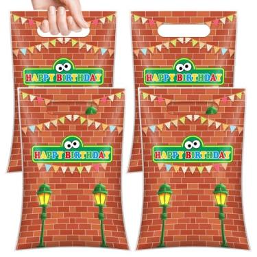 Imagem de 50 peças de sacos de plástico para presente de rua de tijolos vermelhos com alças desenho animado rua feliz aniversário doces saco de animação vermelha para crianças meninos decorações de festa de