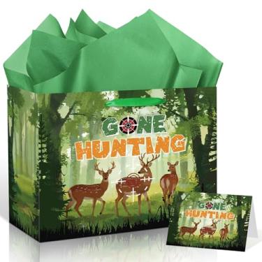 Imagem de Wauprant Saco de presente de aniversário de caça de veado para meninos grande Caça desaparecido, saco de presente de feliz aniversário com papel de embrulho e cartão verde selva veado saco de papel