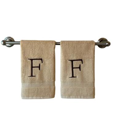 Imagem de Toalha de mão bege inicial para banheiro - Toalha bordada decorativa de qualidade de hotel de luxo monograma para lavabo, spa - Certificado orgânico GOTS - Conjunto de 2 marrom letra F