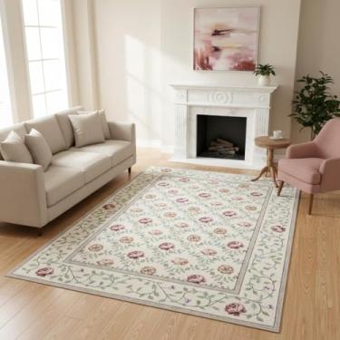 Imagem de GarveeHome Tapete de área 12 x 18 cm, lavável, bege, boêmio, floral, vintage, antiderrapante, resistente a manchas, estampa botânica, tapete macio para quarto, sala de jantar, berçário