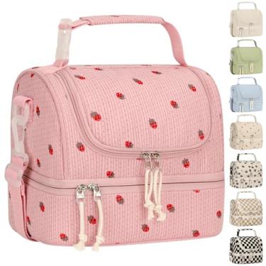 Imagem de Vankor Lancheira infantil, lancheira térmica de veludo cotelê de dois andares para meninas e meninos, alça ajustável à prova de vazamento grande lancheira para viagens escolares, veludo cotelê rosa