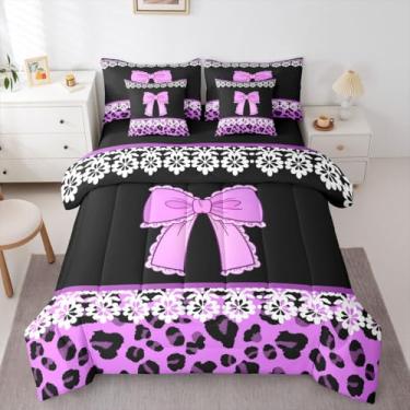 Imagem de Feelyou Conjunto de edredom com laço roxo com desenho de 7 peças, solteiro, fofo, guepardo, para crianças, meninos, meninas, cama de renda branca em uma bolsa, estampa de leopardo, damasco e decoração