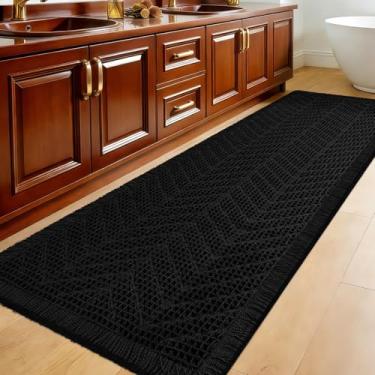 Imagem de Tapete de banheiro waffle extragrande, 1,6 m x 6 cm, preto, espinha de peixe, super absorvente, antiderrapante, secagem rápida, tapetes de banheiro com borlas, laváveis na máquina, tapetes de banheiro
