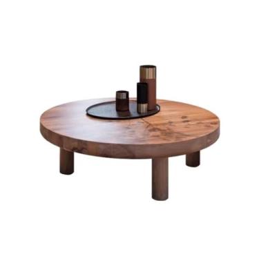 Imagem de Mesa de centro redonda de madeira maciça para sala de estar em casa mesa redonda pequena mesa redonda simples B&B mesa de centro retrô mesa de quarto (grande)