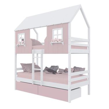 Imagem de Beliche Casinha Encantada Com 02 Gavetas Madeira Maciça Rosa/ Branco Megamobilia