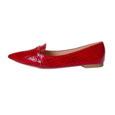 Imagem de Mocassim Sapatilha Croco Verniz Feminino Fivela Bico Fino Cor:Vermelho