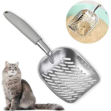 Imagem de Pá de areia para gatos com cabo longo de metal para gatos, peneira durável para animais de estimação, peneira antiaderente para peneirar rapidamente e remover grandes agachados, colheres resistentes para caixa de areia (cinza)
