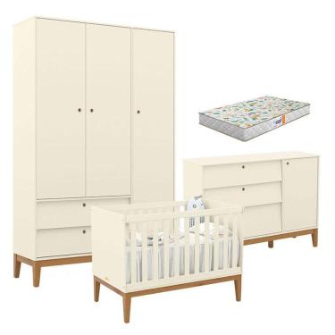 Imagem de Quarto de Bebe Unique 3 Portas com Cômoda Sapateira Off White Eco Wood e Colchão Gazin - Matic