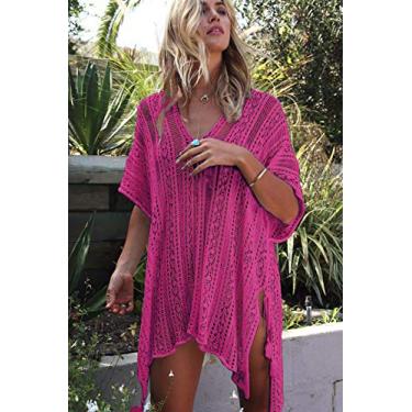 Imagem de Tingpai 2022 verão Amazon t nsfronteiriça blusa de cor sólida de cor sólida blusa de biquíni solta de malha de p ia, roupa de férias rosa vermelha 均码