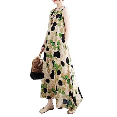 Imagem de Namolit Vestido boêmio retrô feminino floral de algodão seda sem mangas vestido colete casual feminino vestidos de verão vestidos soltos XL