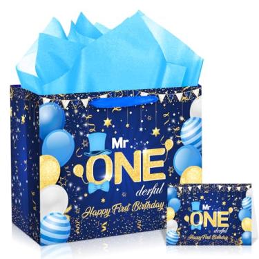 Imagem de Blue Mr. Onederful Decorações de aniversário grandes azul marinho e dourado, sacos de presente de feliz aniversário com cartão de felicitações e sacos de papel de seda para meninos recém-nascidos chá