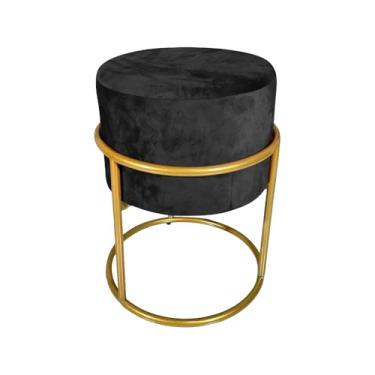 Imagem de Puff Decorativo Redondo Base De Ferro Dourada Tecido Veludo Preto