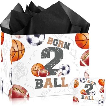 Imagem de Born Two Ball Saco de presente de aniversário grande nascido 2 bolas de aniversário com papel de seda e cartão basquete futebol futebol 2º aniversário saco de presente de presente para festa de