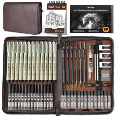 Imagem de Kit de Desenho Artístico Nicpro MP1000 - 58 Peças com Estojo de Couro
