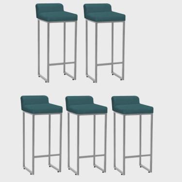 Imagem de Kit 05 Banqueta Alta Mia Com Encosto Cozinha Bistrô Bar Balcão Ferro Prata Suede Azul Turquesa - Ahz Móveis