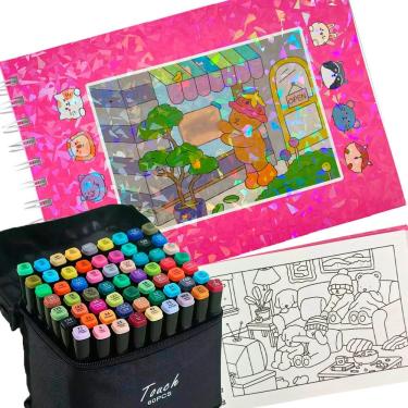 Imagem de Livro de Pintar Ursinho Fofo Canetinhas 60 Cores Ponta Dupla Caderno Colorir Capa Dura 100 Paginas