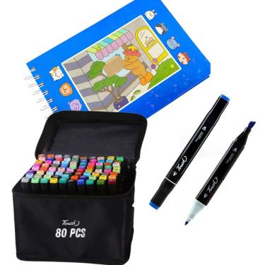 Imagem de Canetinhas 80 Cores Livro Colorir Ursinho Fofo 100 Folhas Desenho De Pintar Divertido Relaxante Hobbie