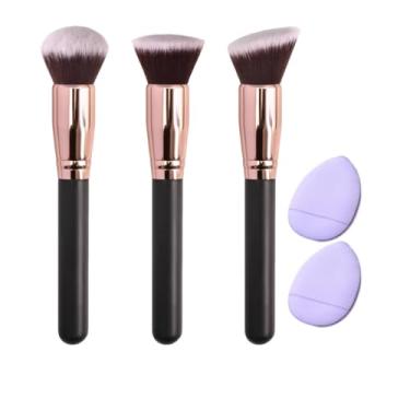 Imagem de Kit com 3 Pincéis Profissionais de Maquiagem e 2 Mini Esponjas – Base, Contorno e Blush – Acabamento Perfeito