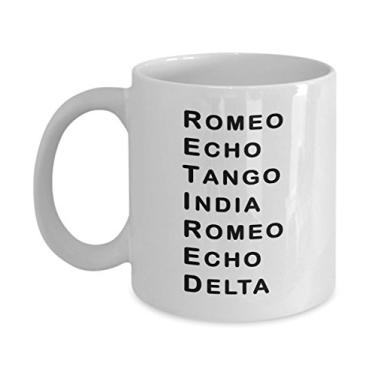 Imagem de Caneca de café divertida aposentada – US Army USA Navy Marine USAF Air Force Coast Guard - Caneca do alfabeto militar fonética soldado armado xícara de chá e café