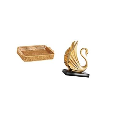 Imagem de Fenteer Cesta de Frutas Trançada, Estátua Decorativa de Cisne, Tigela de Servir Lanches, Peça de Arte Moderna, Escultura de Animal, Prato de Pão para Sala de